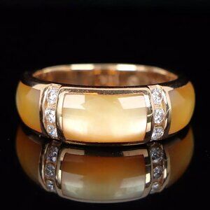 16030 Kabana 14K Yellow Gold Round Diamond Mother Of Pearl Inlay Band Ring 7.5